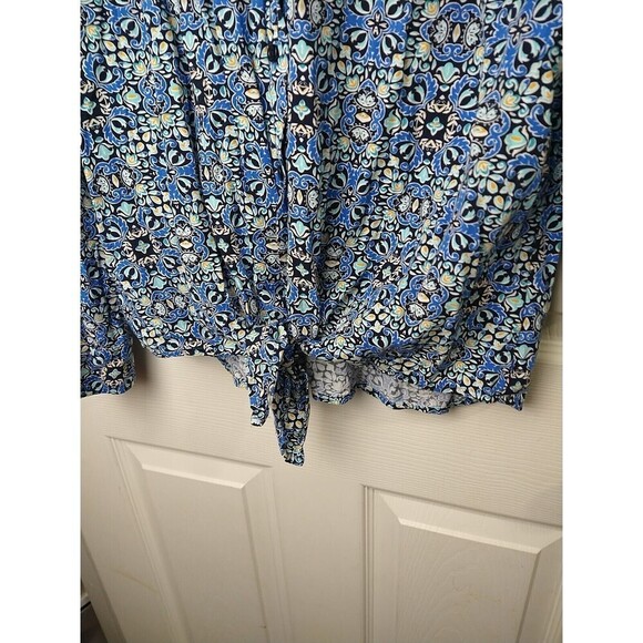 Talbots Blue Artsy Tie Collared Button Front Roll Tab Sleeve Blouse. Size MP - Picture 6 of 10